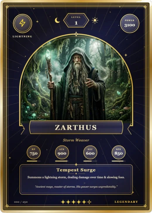 Arcana Tarot: a tarot card with an arched window, a star field and a name scroll