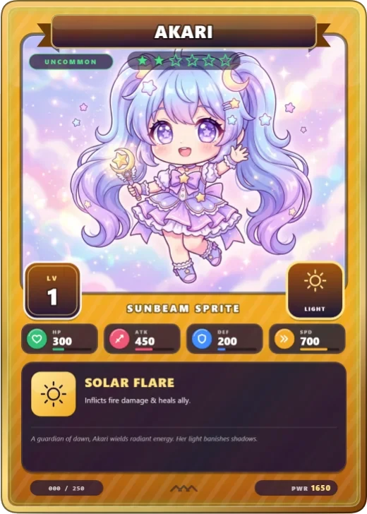 Gacha Pop: a bold single-colour card with a name ribbon, star rarity and a skill box