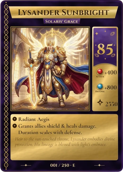 Gilded Spell: a gold foil spell card on purple velvet, with a braided gold border, a cost column with red and blue gems, and two bullet rules