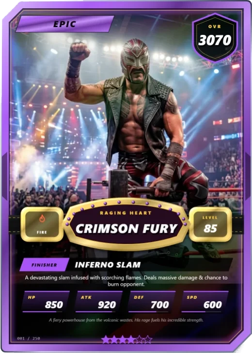 Main Event: a full-art wrestling card with a tier frame, an OVR shield and the name on a championship belt