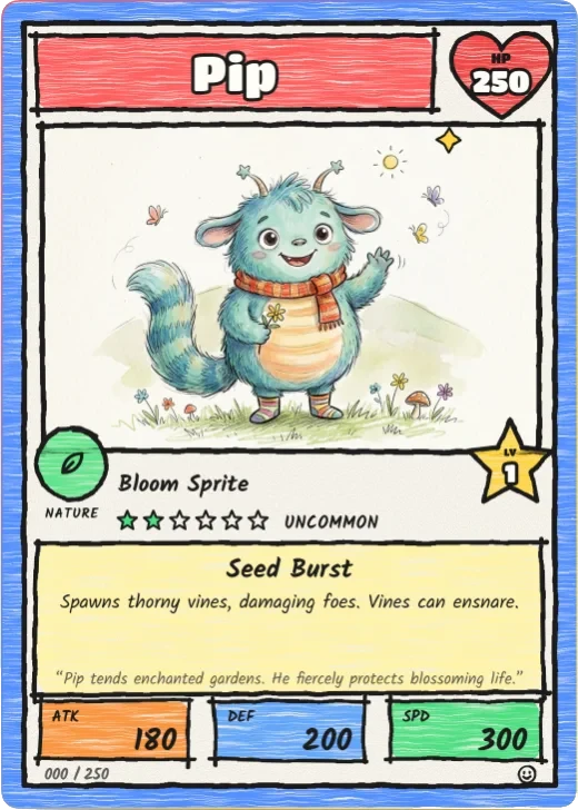 Marker Monster: a hand-drawn card in thick black marker and crayon, with the HP in a heart and the level on a star