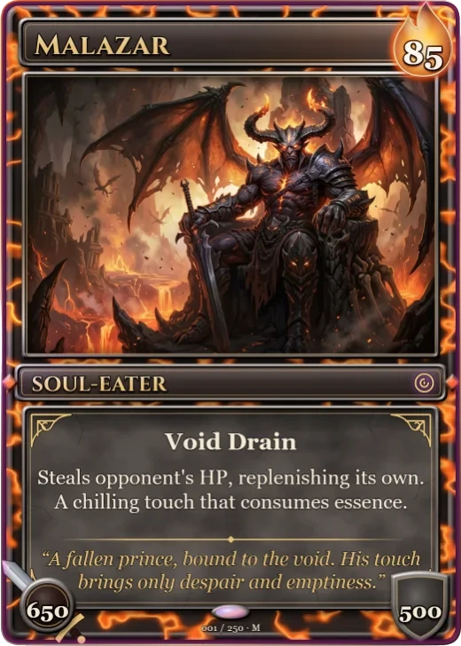 Molten Crown: a fantasy card with a lava-cracked metal frame, a cost flame, a stone rules panel, a sword and a shield