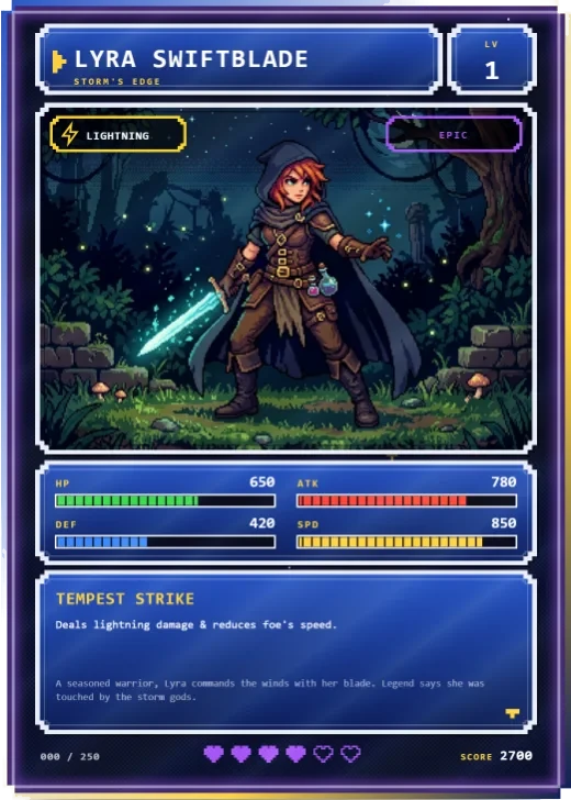 Pixel Quest: a retro game card with pixel windows, segmented gauges and hearts