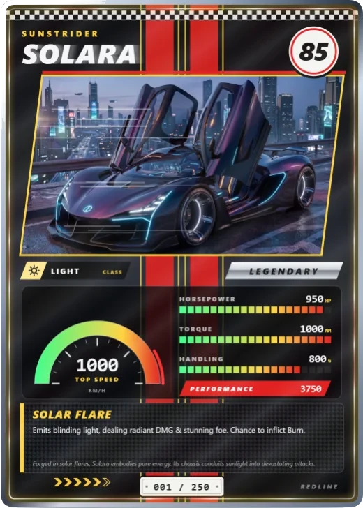 Redline: a car card with racing stripes, a speedometer, LED spec bars and a licence plate