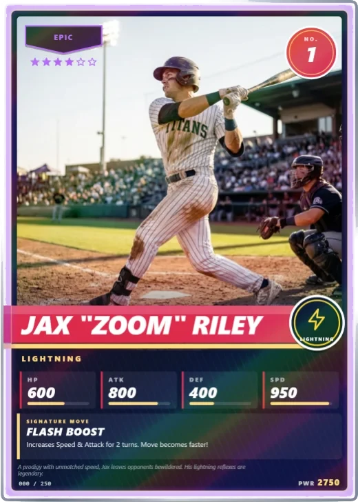 Stadium Star: a sports card with a white border, a slanted name band and a jersey number