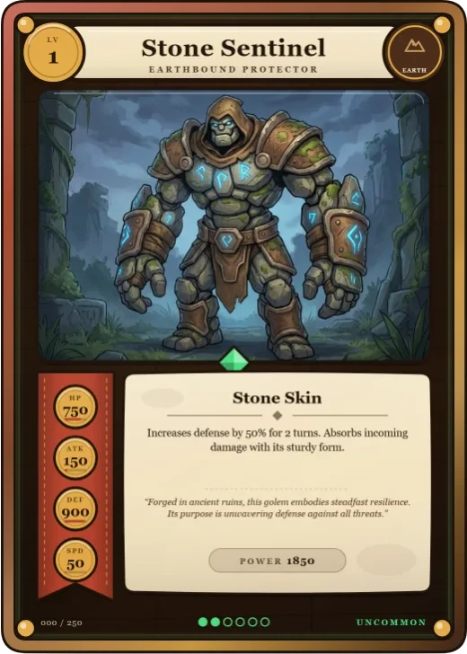 Tavern Tale: a hand-drawn card with ink outlines, a parchment text panel and stat tokens on a ribbon