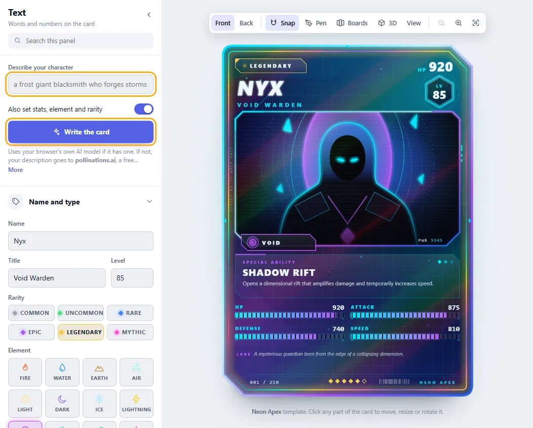 The AI assist box and the Write the card button