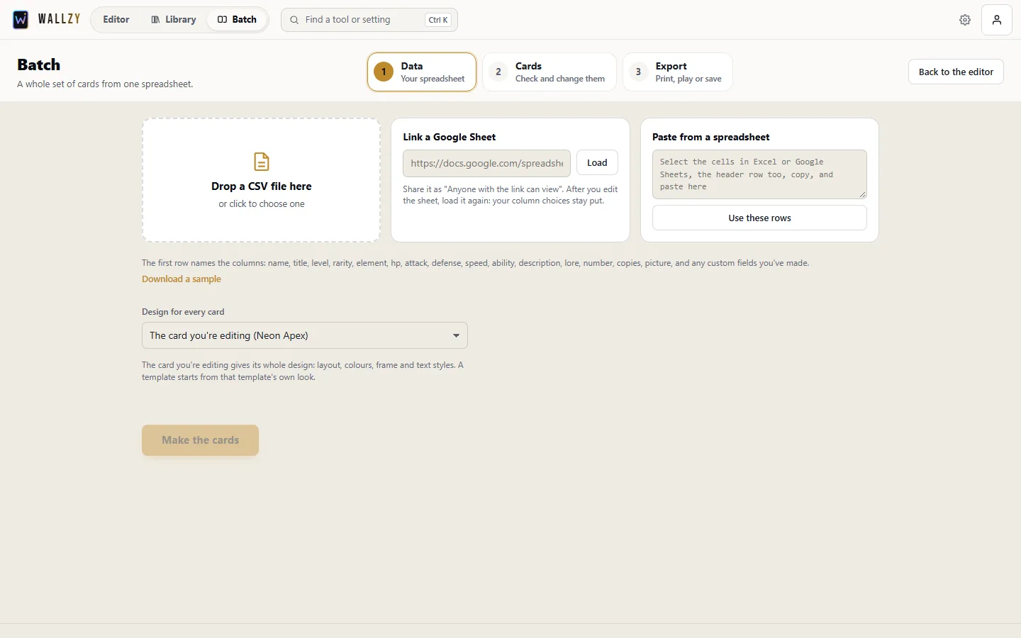 The Batch page with its data step