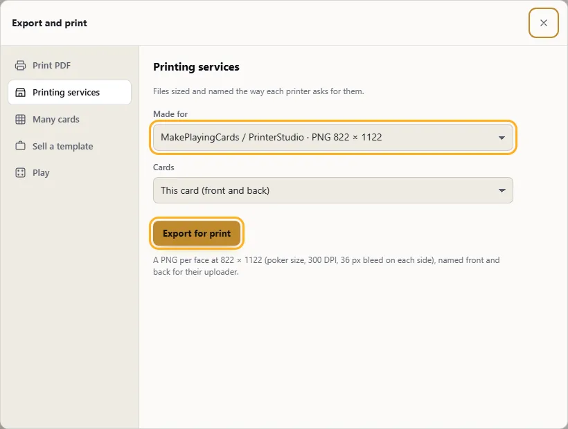 Printing services in the Export and print dialog