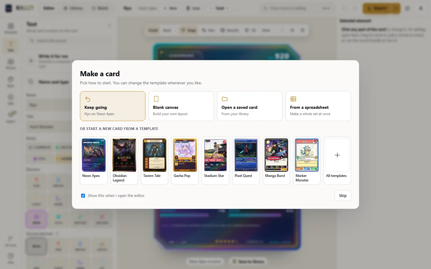 The start screen with ways to begin and a row of templates