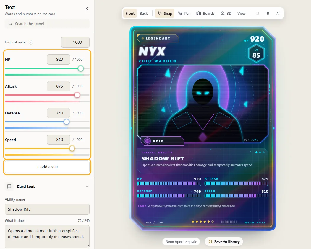 The Stats section with sliders and numbers