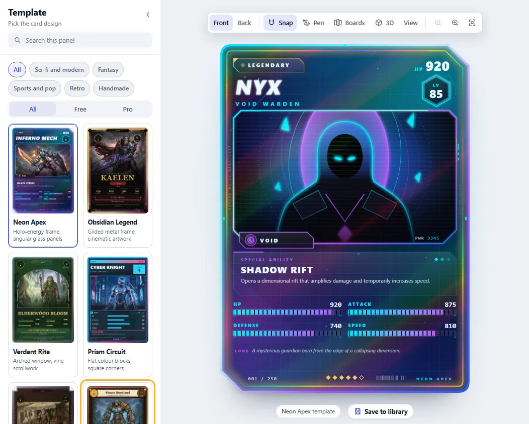 The Template panel showing each template as a card, with filters